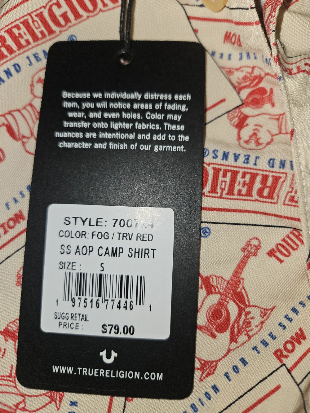 True Religion Cream and Red Logo-Print Short Sleeve Button-Down